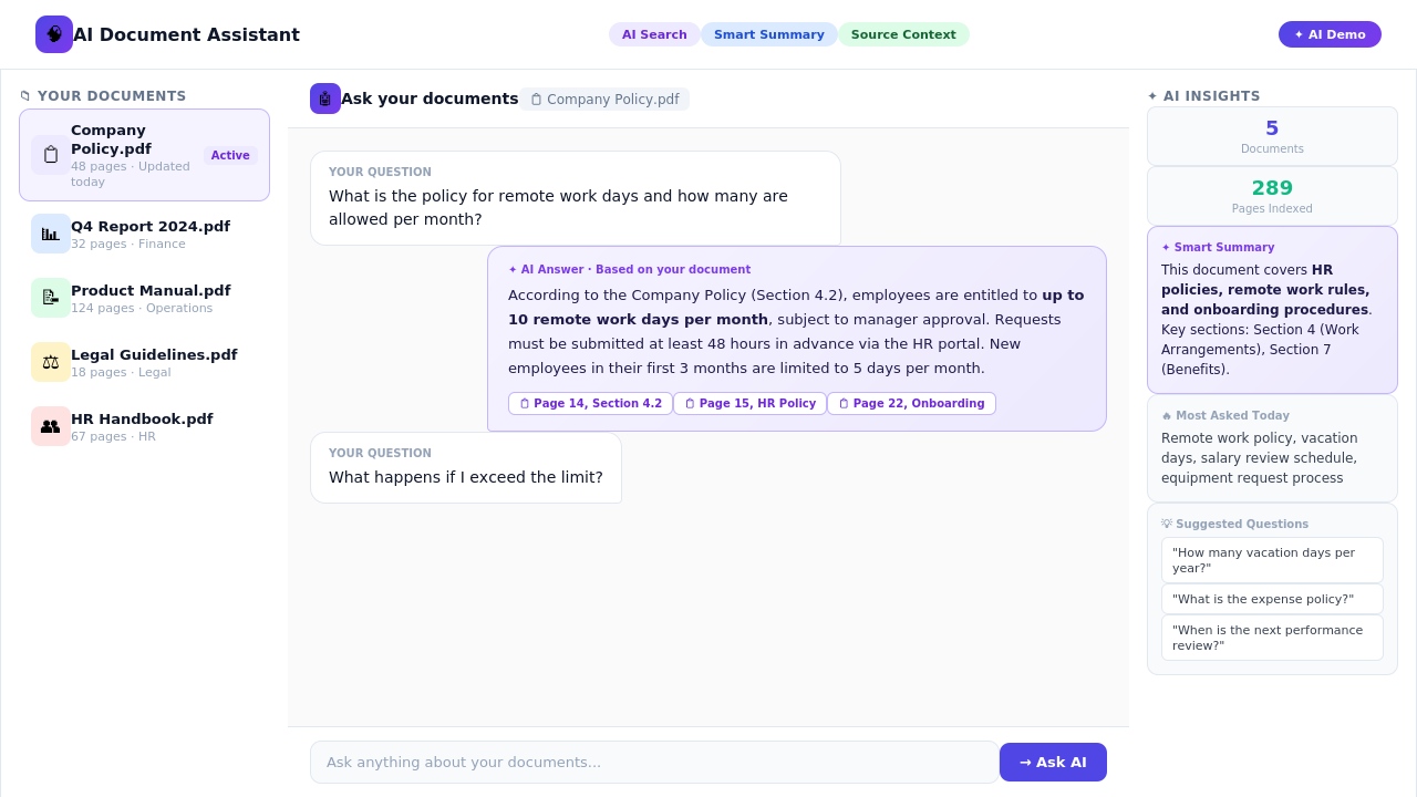 AI-powered document assistant interface with source-aware answers and document insights